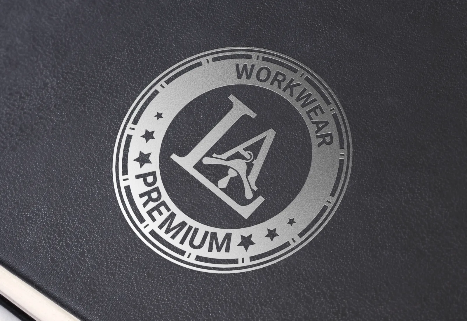 The logo embossed on leather