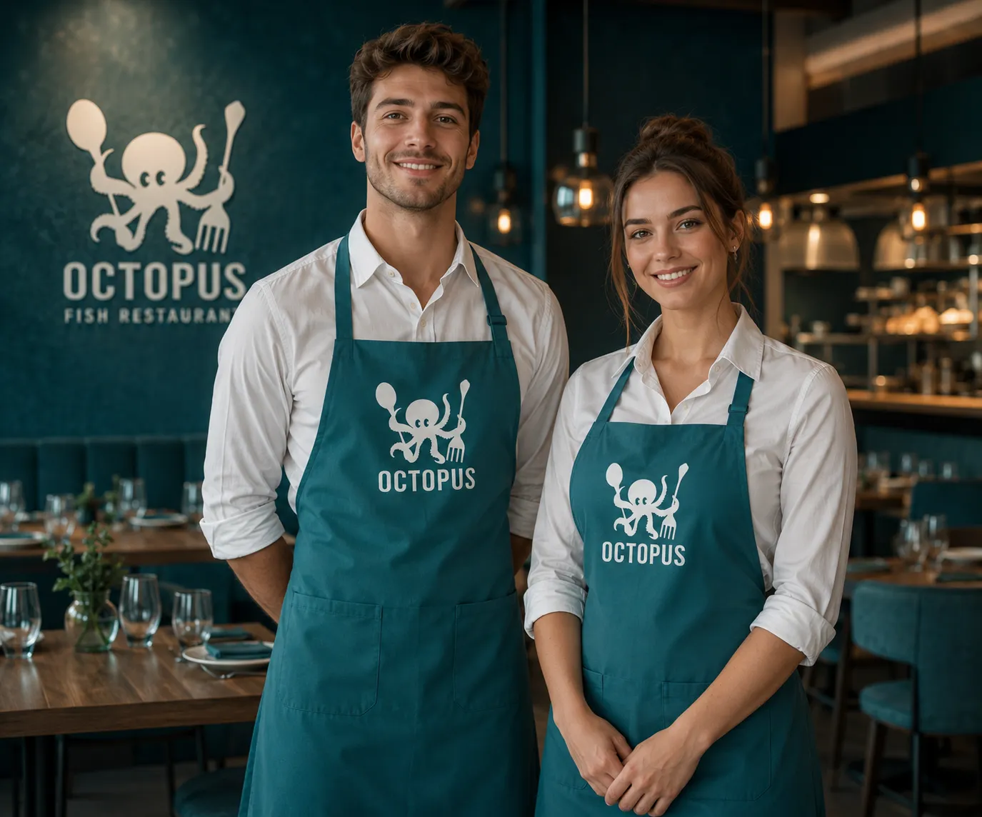 Octopus staff in branded aprons